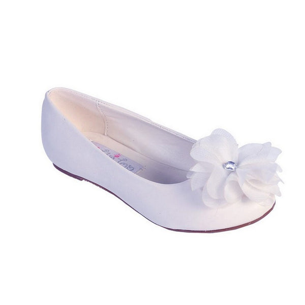 Girls White Chiffon Rhinestone Large Flower Adorned Flats 11-13 Kids - SophiasStyle.com